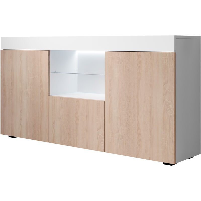 foto del prodotto credenza con led madia moderna mobile soggiorno sala da pranzo 135x73x34cm modello sefora bianco e sonoma finitura opaca
