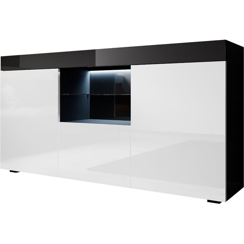 foto del prodotto credenza con led madia moderna mobile soggiorno sala da pranzo 135x73x34cm modello sefora nero e bianco finitura lucida