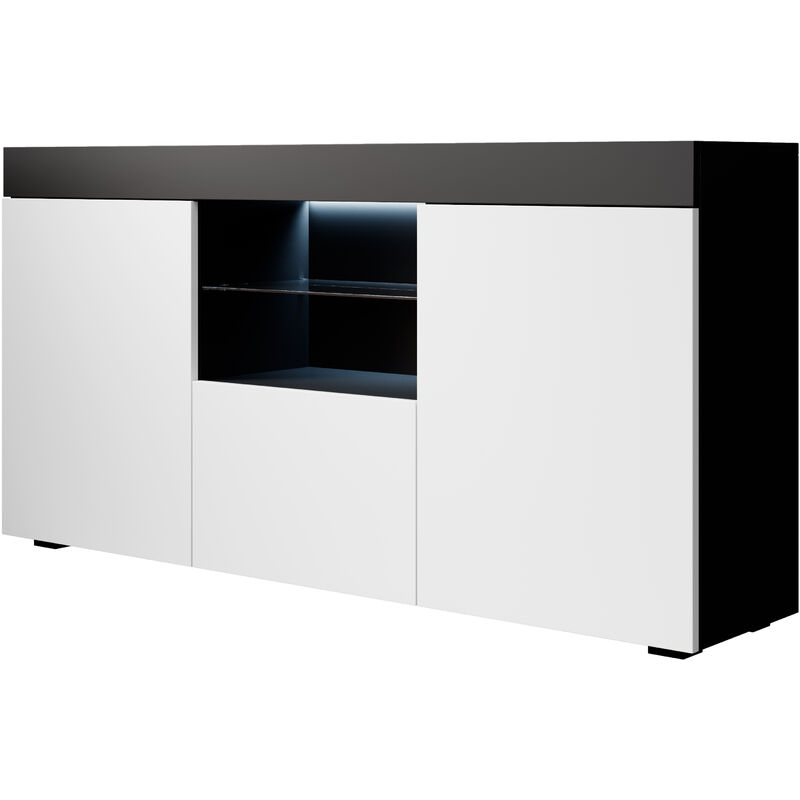 foto del prodotto credenza con led madia moderna mobile soggiorno sala da pranzo 135x73x34cm modello sefora nero e bianco finitura opaca