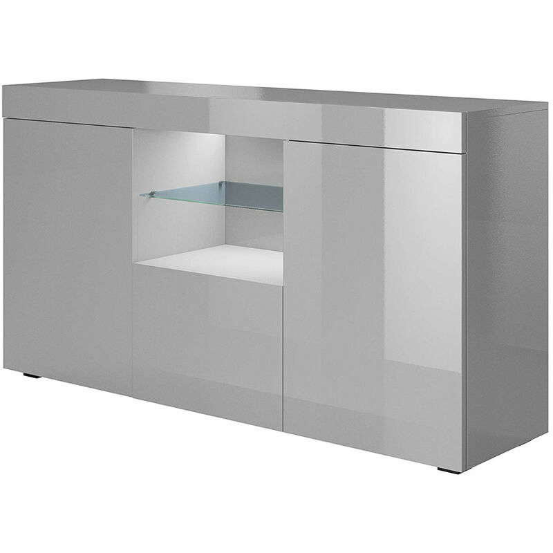 foto del prodotto credenza con led madia moderna soggiorno mobiletto sala da pranza buffet cucina 135x73x34cm modello sefora grigio finitura lucida