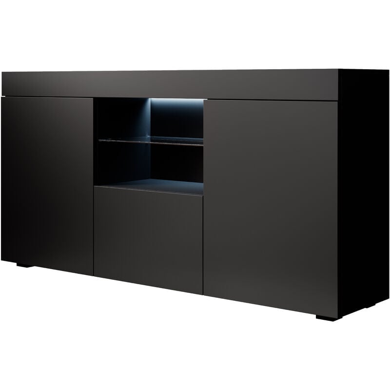 foto del prodotto credenza con led madia moderna soggiorno mobiletto sala da pranza buffet cucina 135x73x34cm modello sefora nero finitura opaca