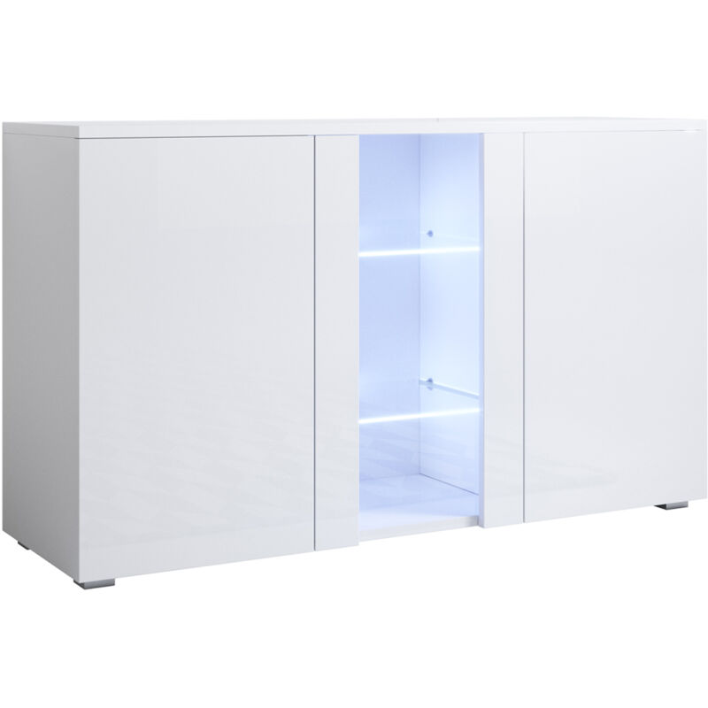 foto del prodotto credenza con piedini 2cm 2 ante luce led madia moderna mobile sala da pranzo 120x72x40cm modello luke a1 bianco finitura lucida