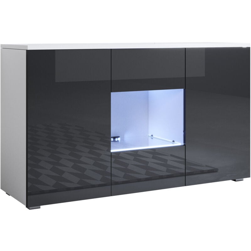 foto del prodotto credenza con piedini 2cm 2 ante luce led madia moderna mobile sala da pranzo 120x72x40cm modello luke a2 bianco e nero lucido