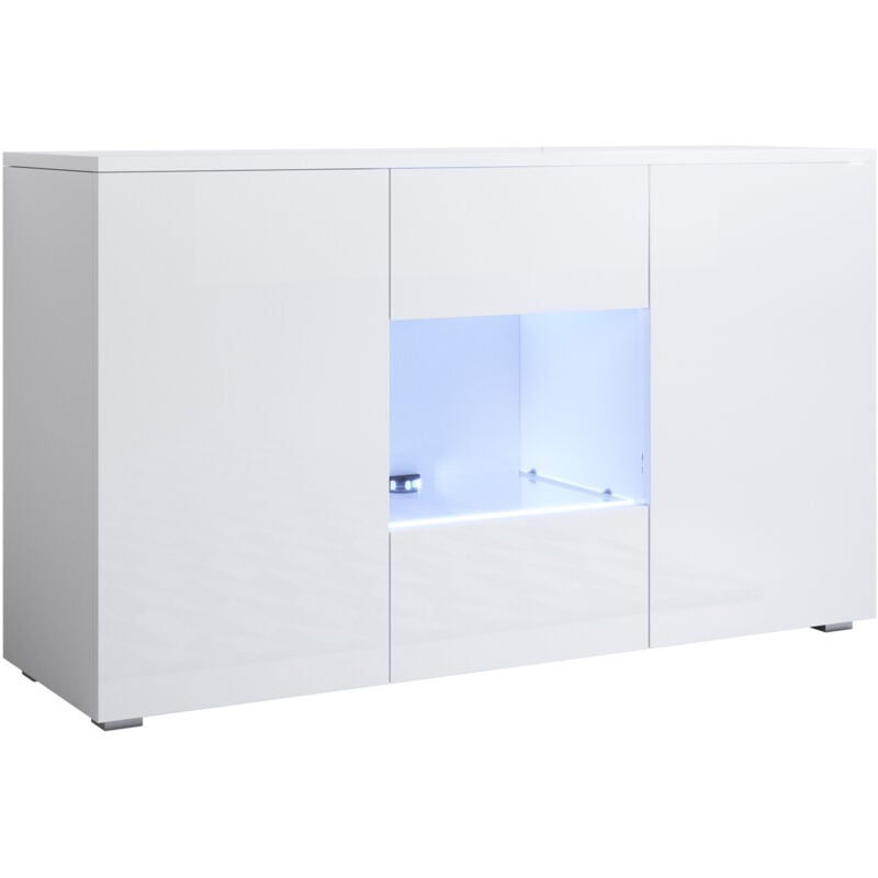 foto del prodotto credenza con piedini 2cm 2 ante luce led madia moderna mobile sala da pranzo 120x72x40cm modello luke a2 bianco finitura lucida