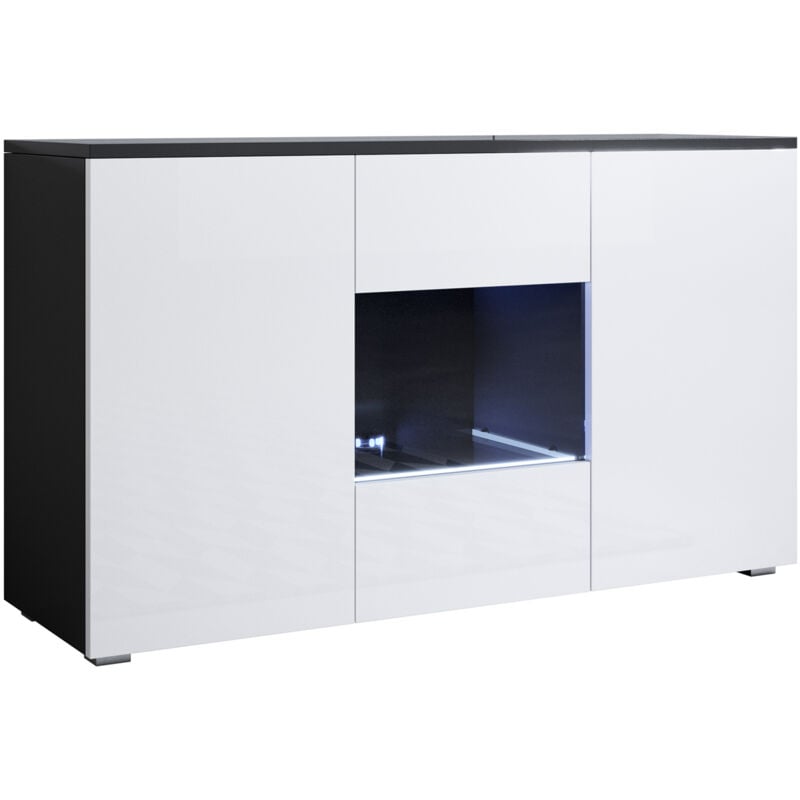 foto del prodotto credenza con piedini 2cm 2 ante luce led madia moderna mobile sala da pranzo 120x72x40cm modello luke a2 nero e bianco lucido