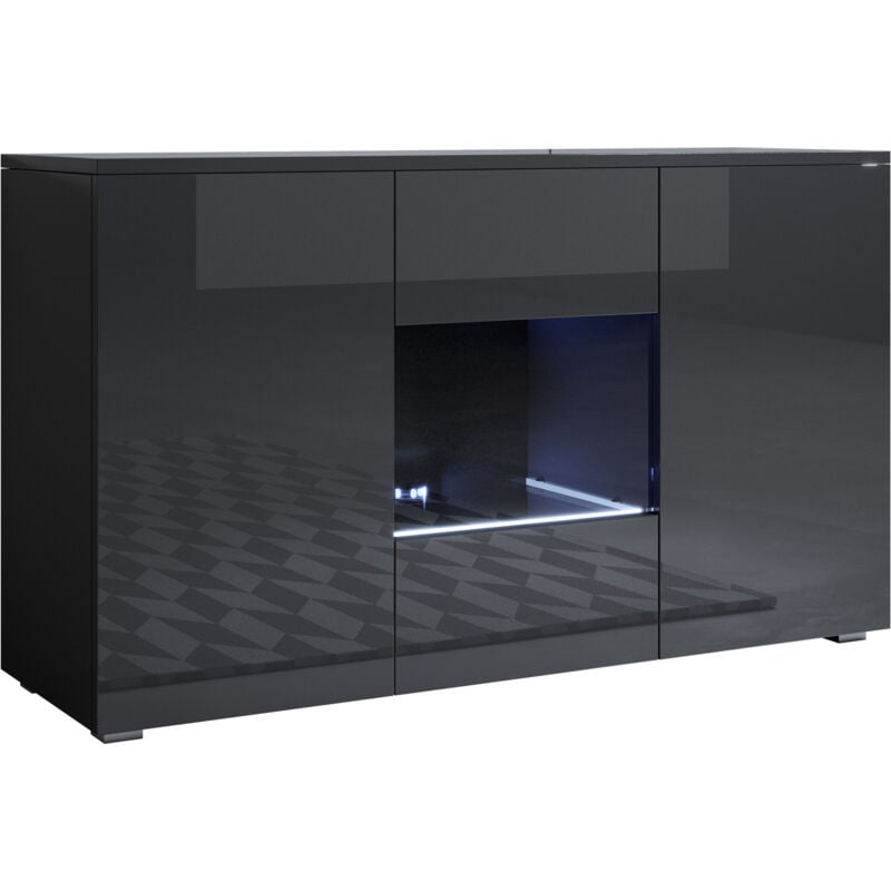 foto del prodotto credenza con piedini 2cm 2 ante luce led madia moderna mobile sala da pranzo 120x72x40cm modello luke a2 nero finitura lucida