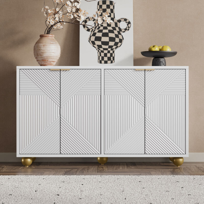 foto del prodotto credenza con quattro ante profilate, ripiani interni regolabili, maniglie in metallo e gambe sferiche
