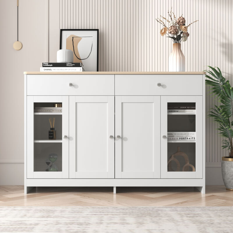 foto del prodotto credenza con venature del legno bianco, quattro ante, con due cassetti, anta con vetro. soggiorno sala da pranzo. colore legno e bianco okwish