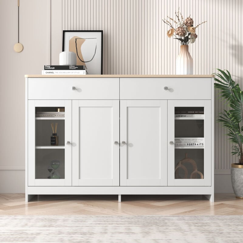 foto del prodotto credenza con venature del legno bianco, quattro ante, con due cassetti, anta in vetro. soggiorno, sala da pranzo. colore legno e bianco