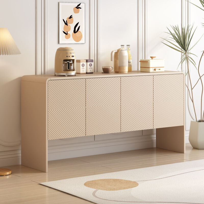 foto del prodotto credenza contenitore grande in stile minimalista con 4 ante e meccanismo estraibile per soggiorno e ingresso crema albicocca 