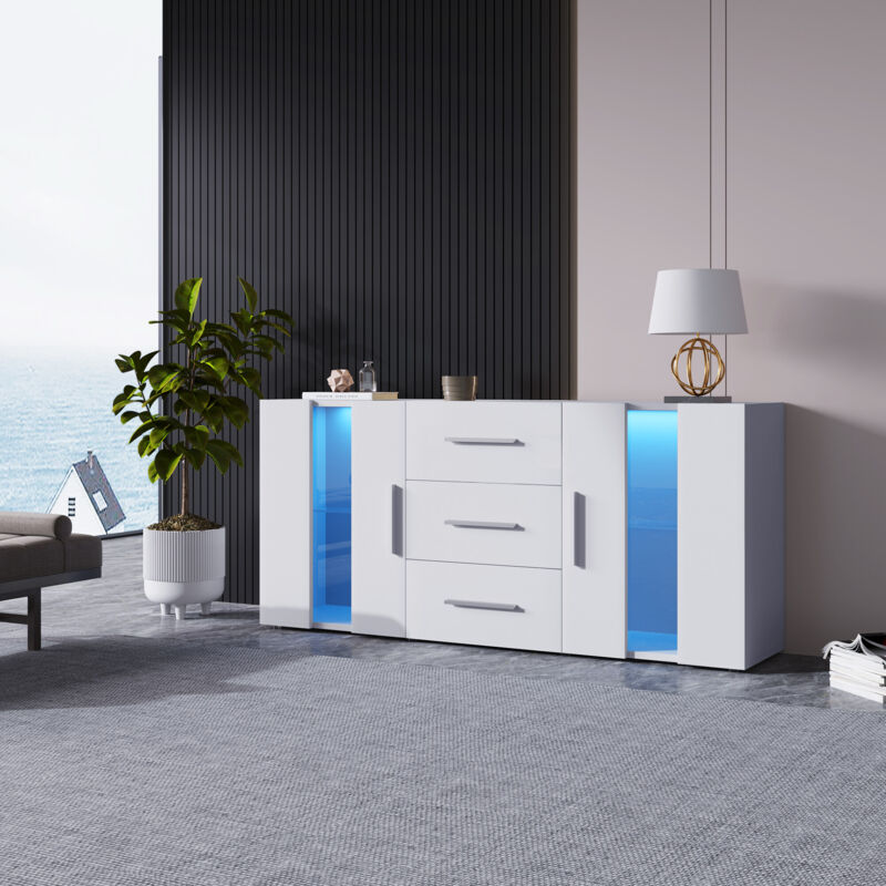 foto del prodotto credenza, credenza, buffet, mobile porta tv, mobile basso, con 16 luci led colorate, per sala da pranzo, soggiorno, 140 x 35 x 70 cm