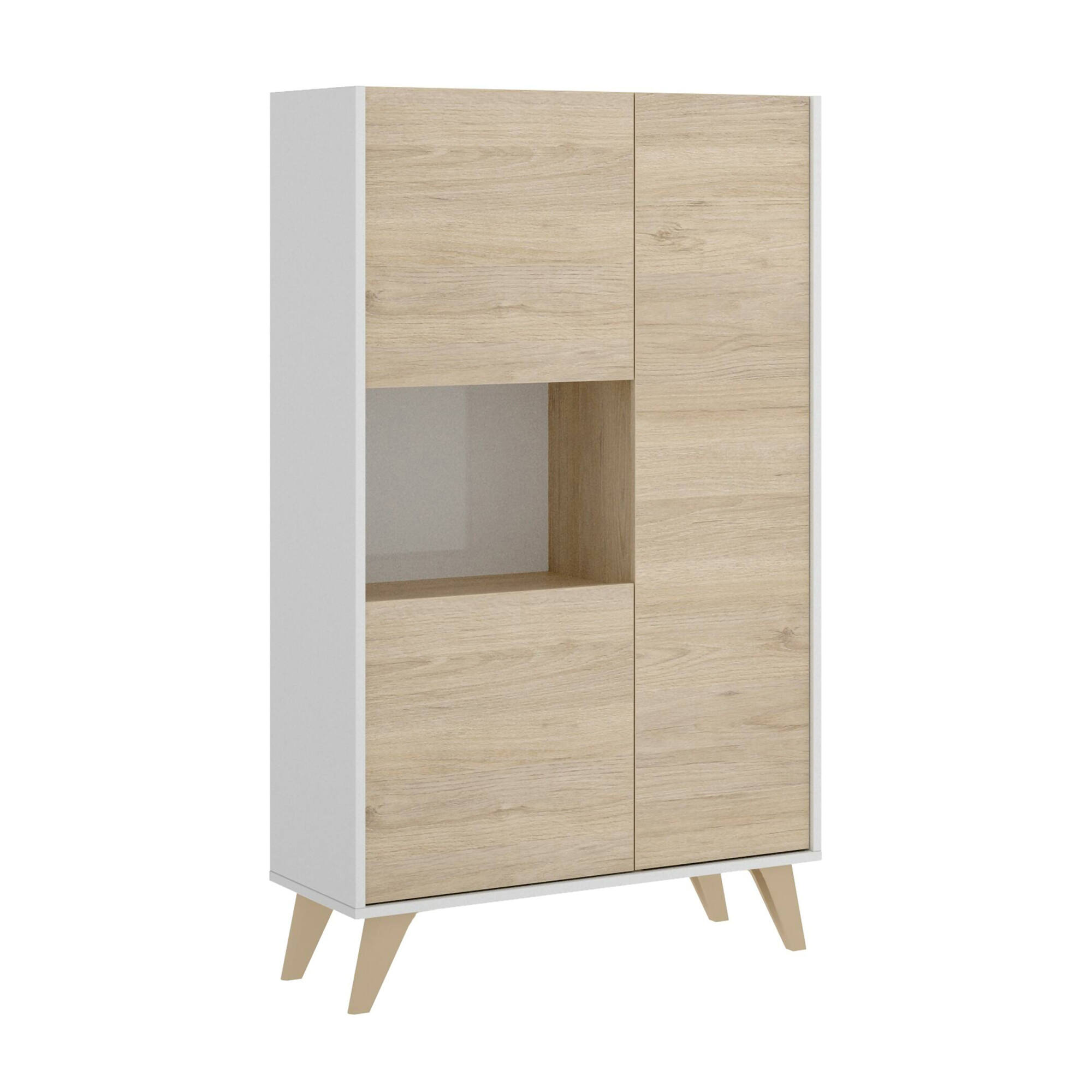 foto del prodotto credenza crono, buffet alto da soggiorno, madia moderna da salotto a 3 ante, 81x43h135 cm, rovere e bianco