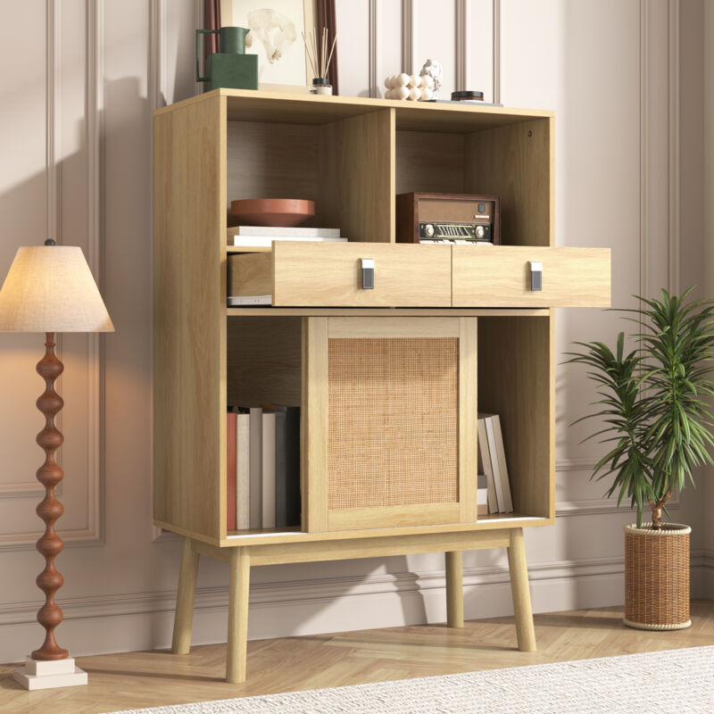 foto del prodotto credenza cucina 80x39,5x120 cm cassettiera con 2 cassetti, 2 ante scorrevoli e 2 vani a giorno, in legno e truciolare, colore naturale