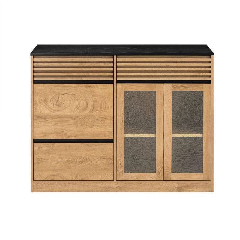 foto del prodotto credenza cucina mobile cucina con 2 ante in vetro e 3 cassetti mobile da soggiorno buffet naturale 112x40x89 cm fsb99 n sobuy