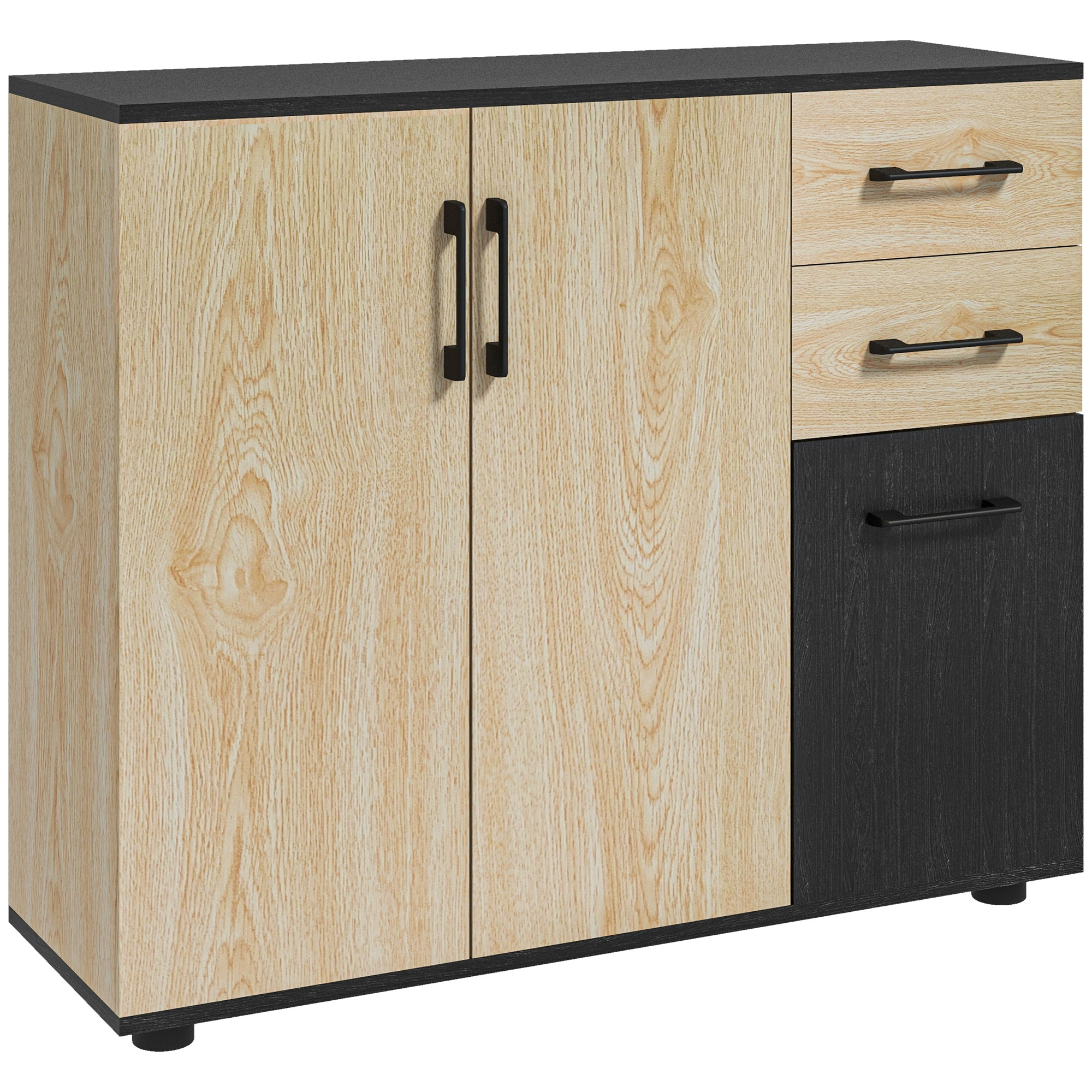 foto del prodotto credenza cucina versatile moderna con mensola regolabile su 3 livelli, 2 armadietti e 2 cassetti in legno, 90x30x75.5cm, noce e nero aosom italy