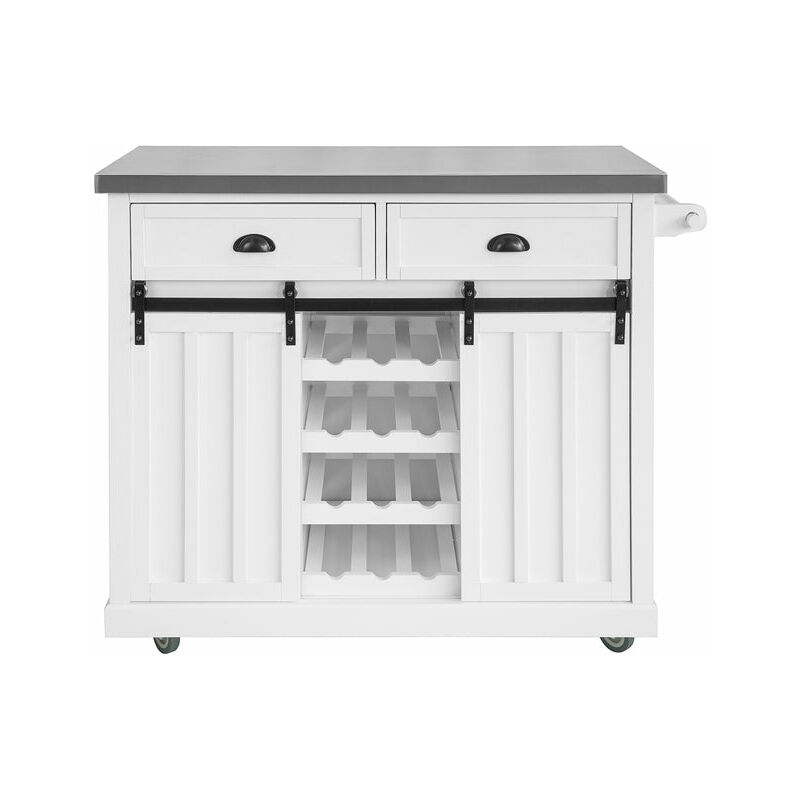 foto del prodotto credenza cucina vetrina shabby isola cucina con ruote piano in acciaio inossidabile con portabottiglie e 2 armadietti l116p46a95 cm bianco fkw94 w