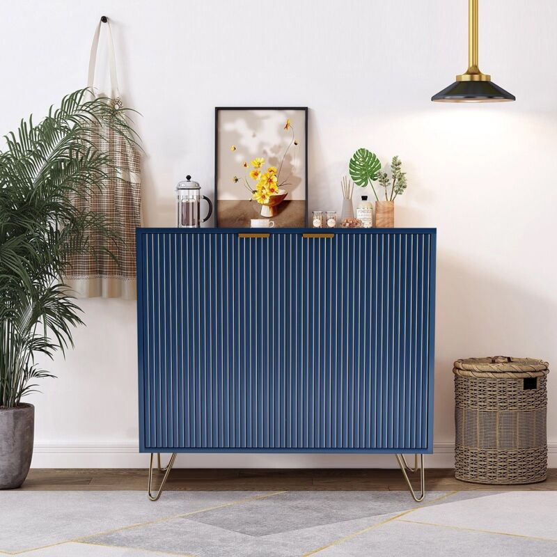 foto del prodotto credenza da 80 cm, mobile contenitore a 2 ante con strisce verticali, spazio di archiviazione - gambe dorate, adatta per sala da pranzo, camera da