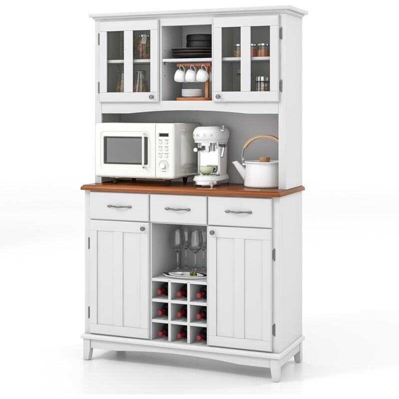 foto del prodotto credenza da cucina, armadietto dispensa da cucina alto con ante in vetro temperato, portabottiglie, ripiani regolabili, mobile moderno per cucina con