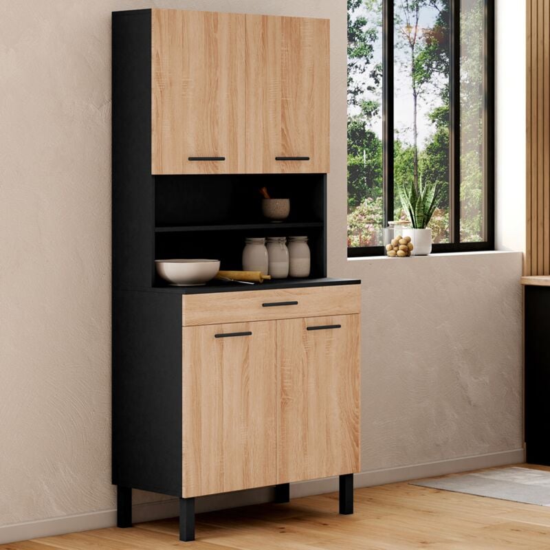 foto del prodotto credenza da cucina cina 80 cm con 4 ante cassetto, nero e faggio