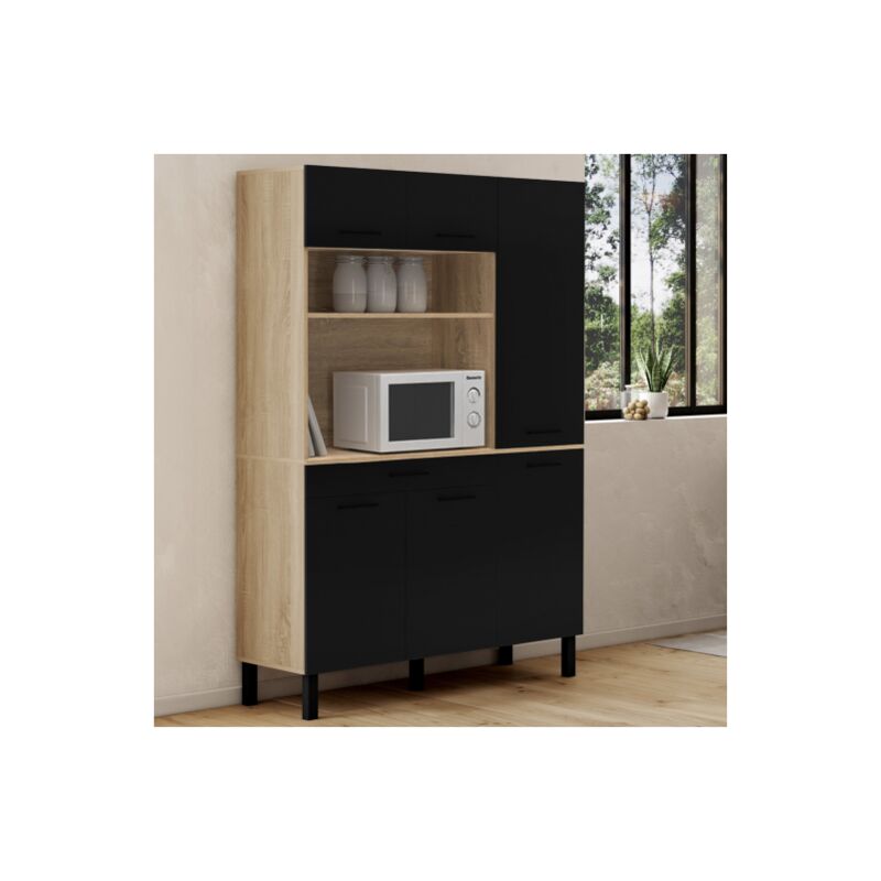 foto del prodotto credenza da cucina cina con colonna 120 cm, 6 ante cassetto, finitura faggio e nero