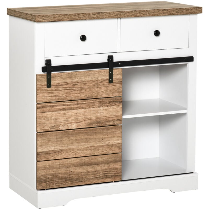 foto del prodotto credenza da cucina con 2 cassetti ripiani aperti e portabottiglie homcom