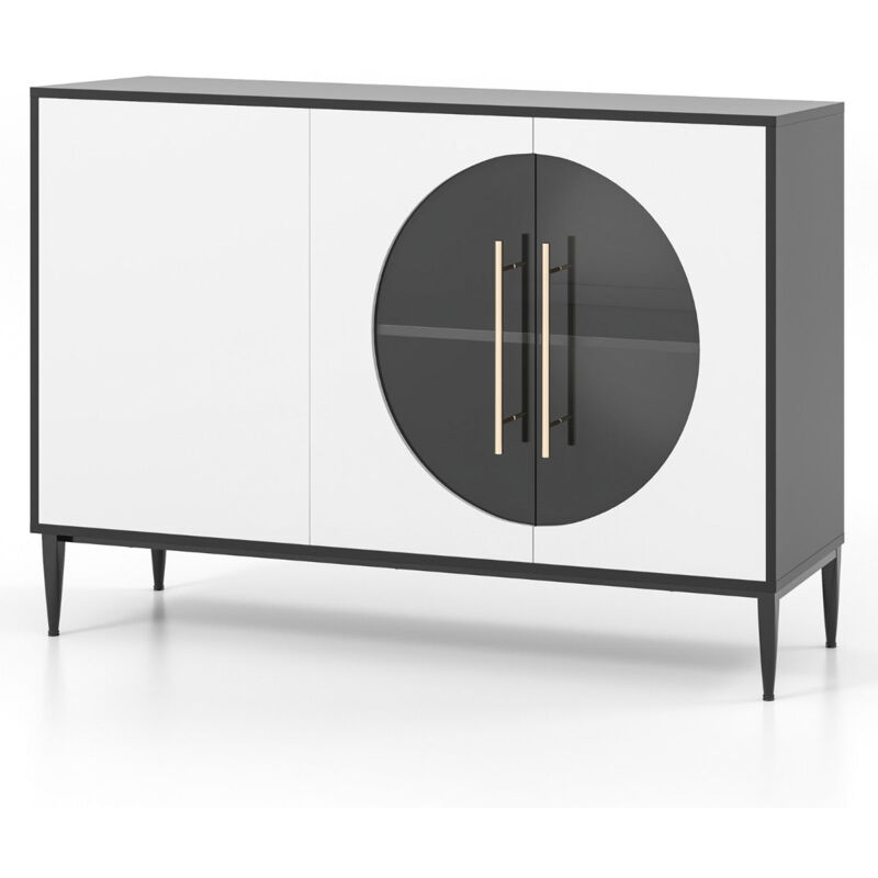 foto del prodotto credenza da cucina con anta in vetro temperato con gambe rialzate in metallo mobile portaoggetti autoportante per cucina soggiorno bianco