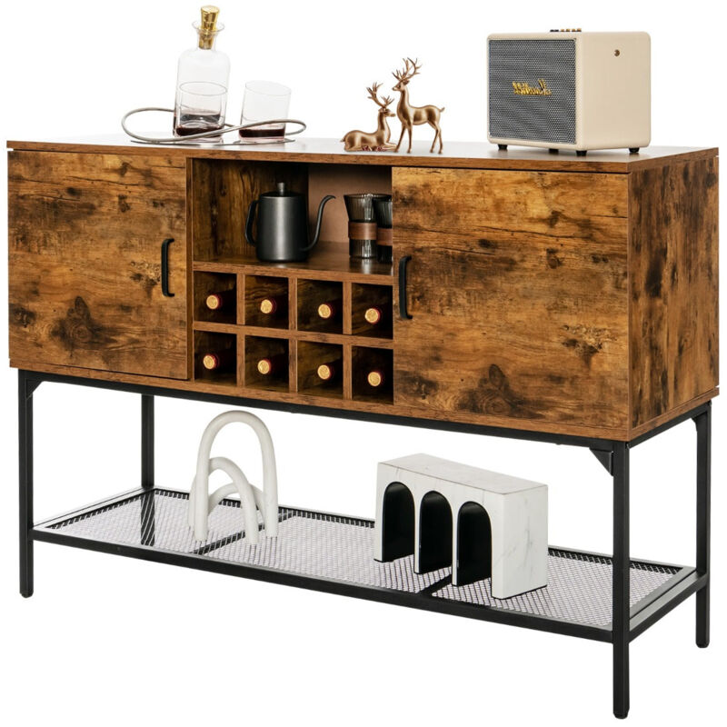 foto del prodotto credenza da cucina con portabottiglie da 9 bottiglie, mobile industriale con 2 ante e vano a giorno, colore marrone rustico