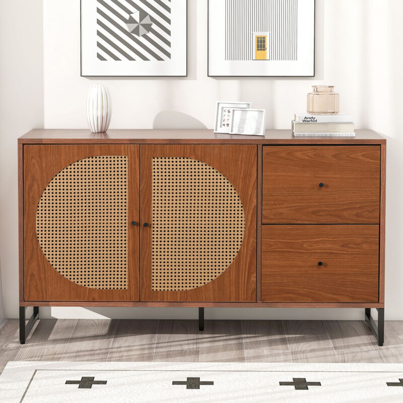 foto del prodotto credenza da cucina, credenza da soggiorno con 2 ante in rattan e 2 cassetti, noce