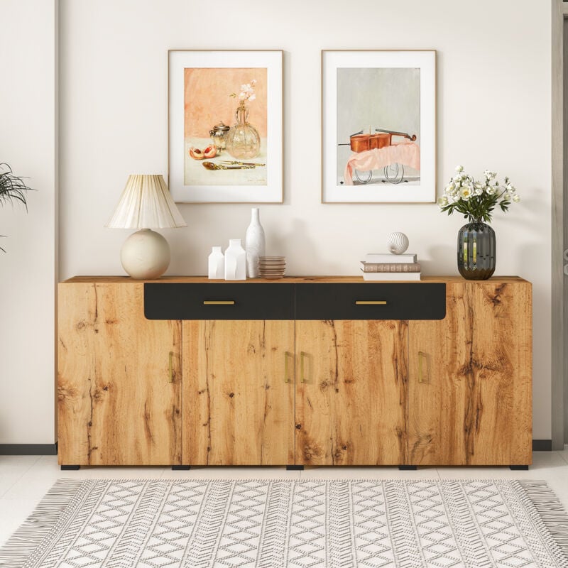 foto del prodotto credenza da cucina, credenza da soggiorno con 4 ante e 2 cassetti, marrone, 208 x 39,5 x 80 cm