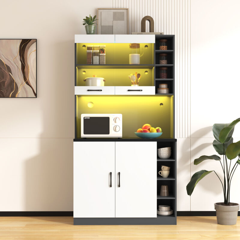 foto del prodotto credenza da cucina in legno, illuminazione a led, fori per cavi, ripiani regolabili, grande capacit , 100 x 47 x 187 cm, bianco e grigio scuro