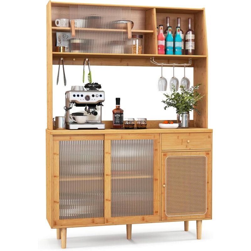 foto del prodotto credenza da cucina, mobiletto da cucina con anta in vetro temperato, cassetto, scaffali aperti e ganci, in bamb , per sala da pranzo, cucina,
