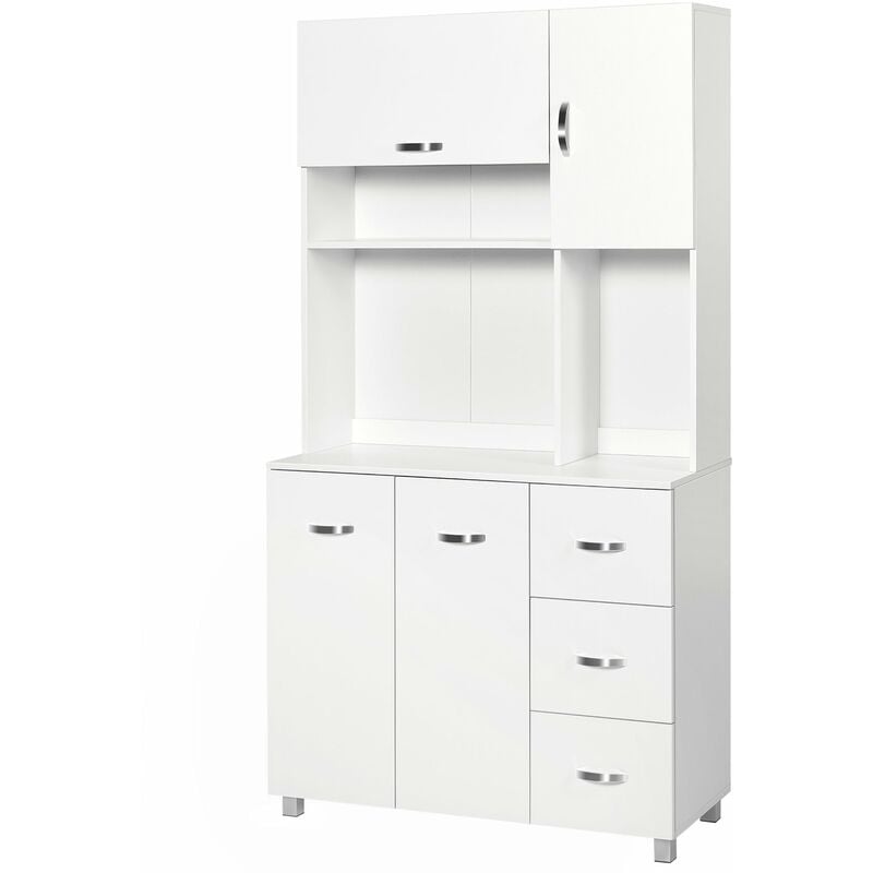foto del prodotto credenza da cucina moderna con cassetti armadietti e ripiani aperti 100x39,5x183,5 cm bianco