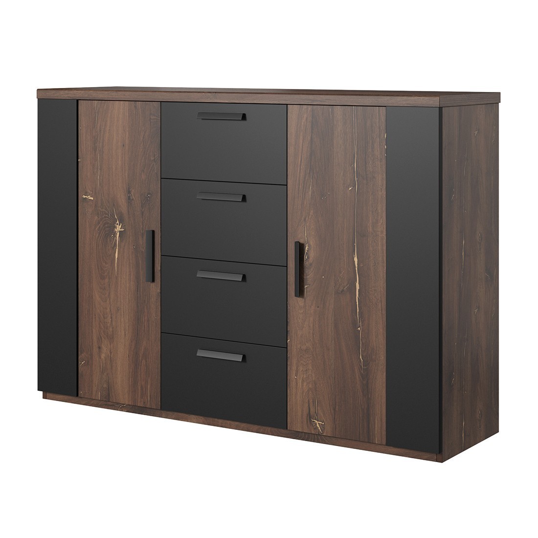 foto del prodotto credenza design 2 porte e 4 cassetti 130 cm rovere scuro e nero collezione fox