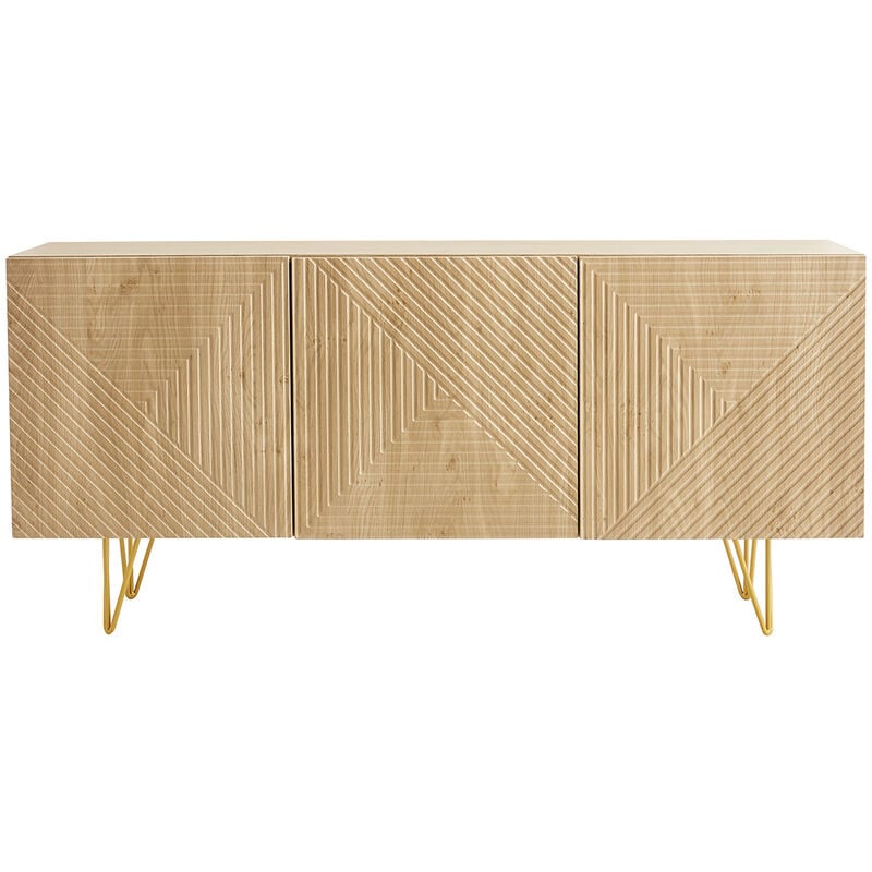 foto del prodotto credenza design con incisioni legno chiaro rovere e metallo dorato 3 ante l160 cm ozen