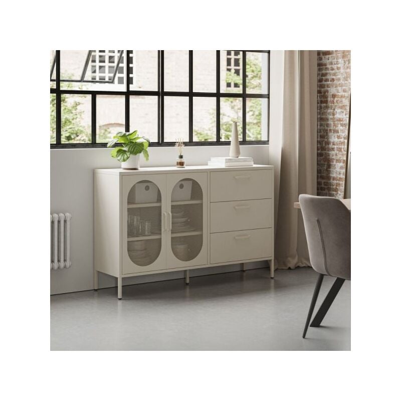foto del prodotto credenza doria 2 ante e 3 cassetti in metallo colore crema