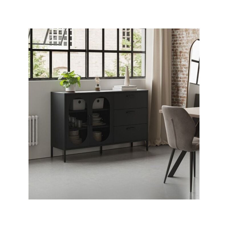 foto del prodotto credenza doria 2 ante e 3 cassetti in metallo colore nero