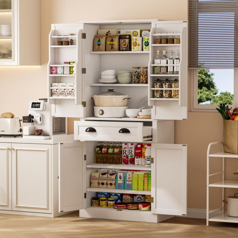 foto del prodotto credenza e buffet 80x40x182cm mobile contenitore, mobile cucina con 1 cassetto 4 ante, ripiani regolabili, mdf, bianco