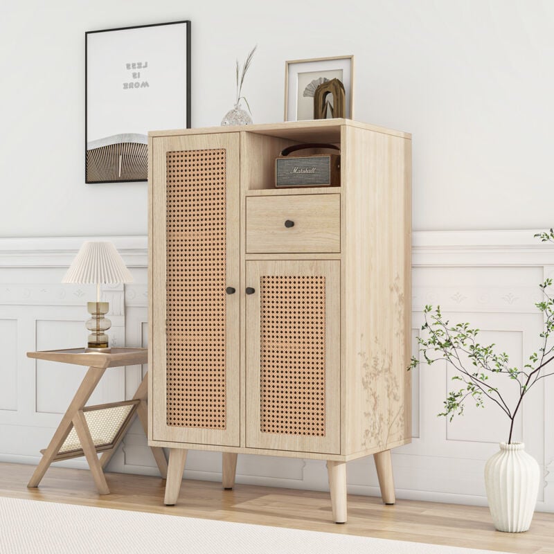 foto del prodotto credenza effetto legno, 2 ante in rattan, 1 cassetto, unità angolare, cassettiera, unità indipendente, credenza portaoggetti con ampio spazio di