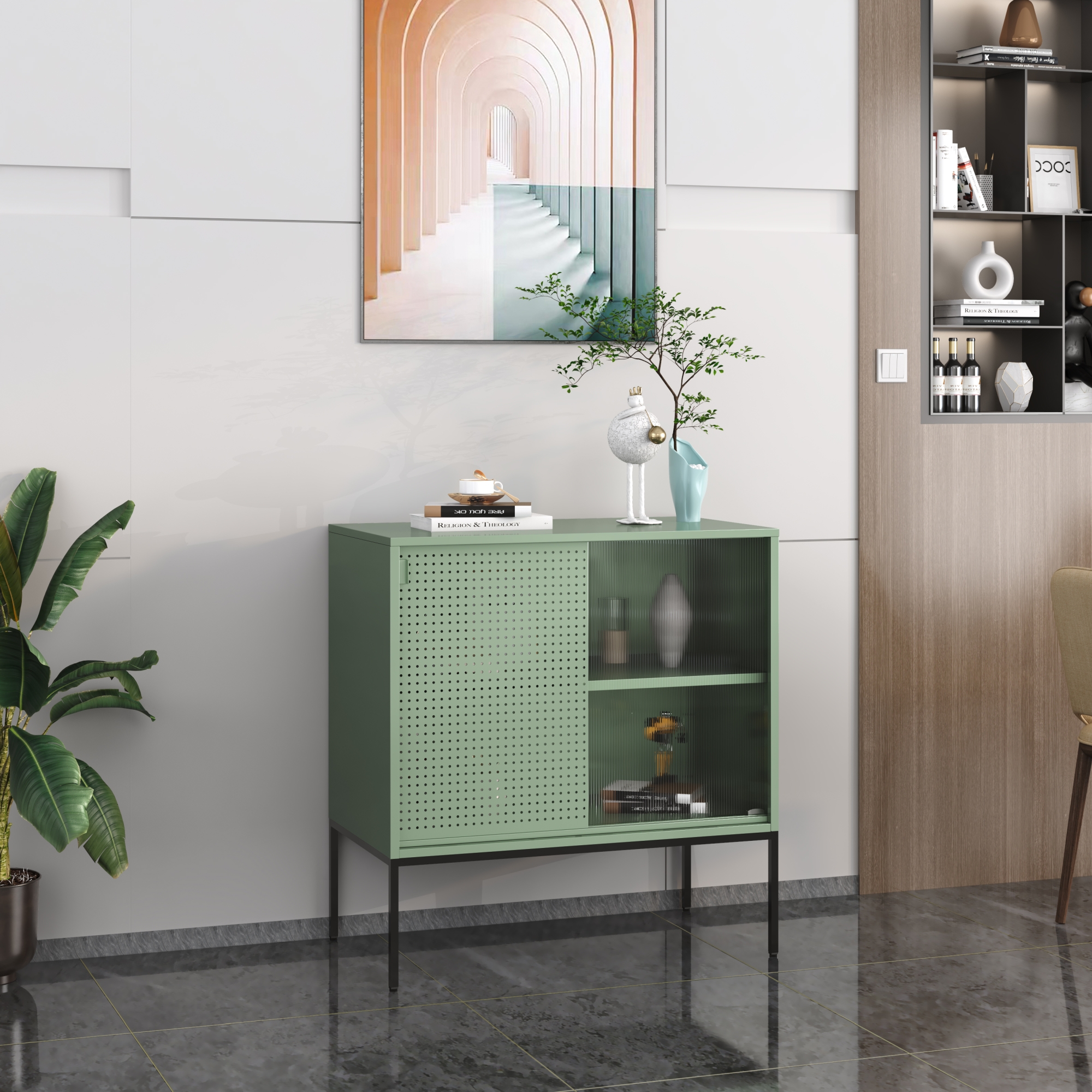 foto del prodotto credenza eidsvoll in acciaio con anta scorrevole 85 x 80 x 45 cm verde en.casa 