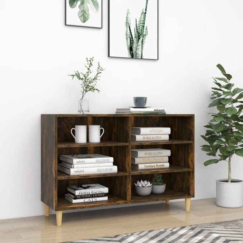 foto del prodotto credenza elegante con piedi in legno chiaro dotata di 6 ripiani vari colori colore rovere fumo