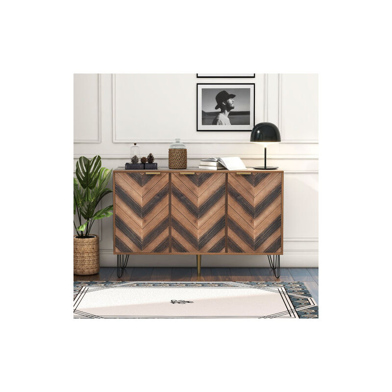 foto del prodotto credenza, esclusiva credenza a tre ante, con dettagli eleganti e generoso spazio contenitivo. anta impiallacciata in legno massello, sensazione
