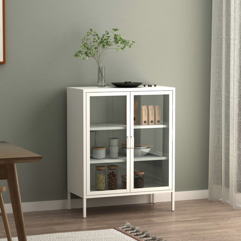 foto del prodotto credenza fauske in acciaio con 2 ante in vetro temperato 101,5 x 80 x 40 cm bianco en.casa 