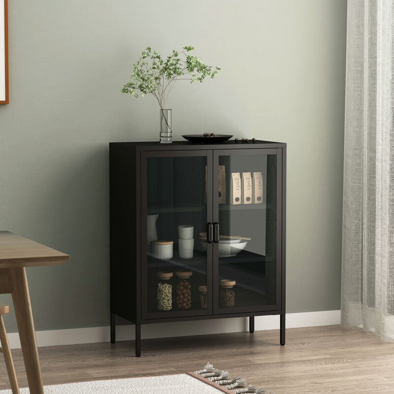 foto del prodotto credenza fauske in acciaio con 2 ante in vetro temperato 101,5 x 80 x 40 cm nero en.casa 