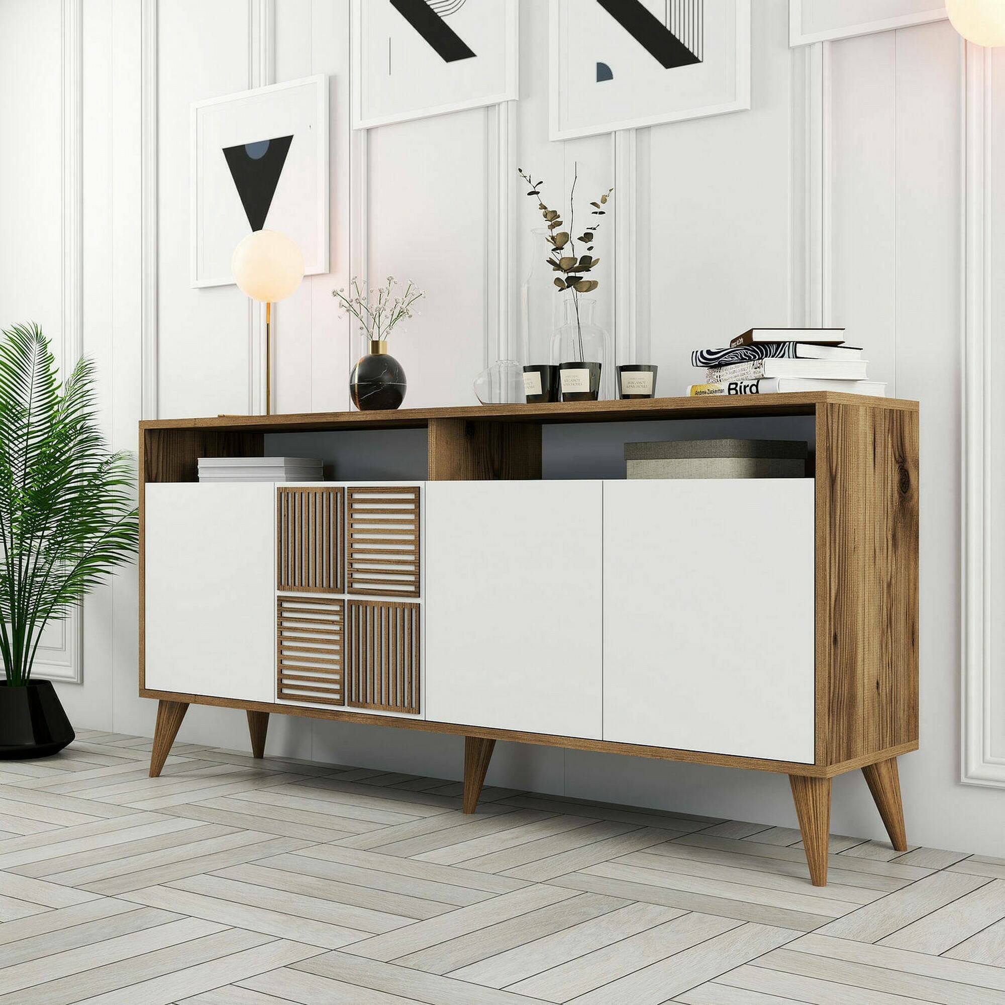 foto del prodotto credenza garigliano, buffet da soggiorno, madia da salotto, dispensa da cucina, 160x35 h79 cm, noce e bianco
