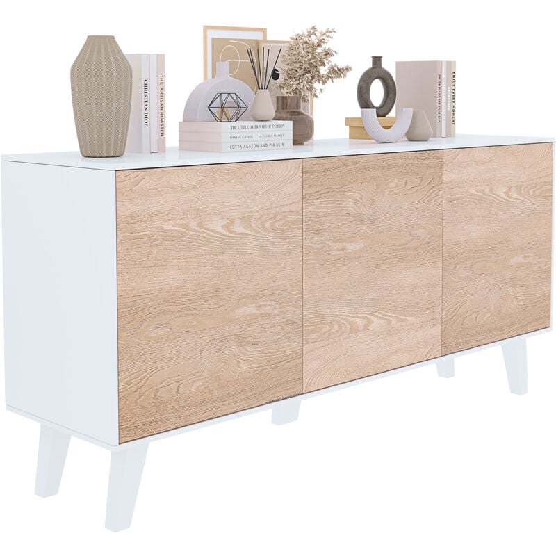 foto del prodotto credenza gij n mobile mobiletto soggiorno salotto ingresso sala da pranzo 3 ante 154 x 41 x 75 cm colore bianco lucido rovere chiaro