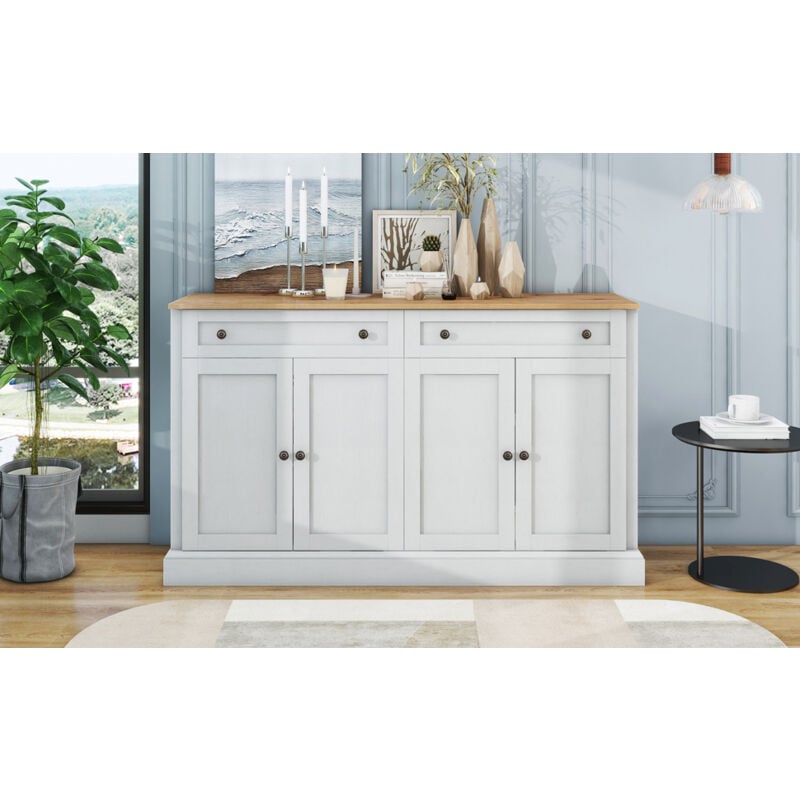 foto del prodotto credenza grande con 4 ante e 2 cassetti, mobile buffet moderno per sala da pranzo e soggiorno, 150 x 86 x 40 cm l l a bianco antico legno