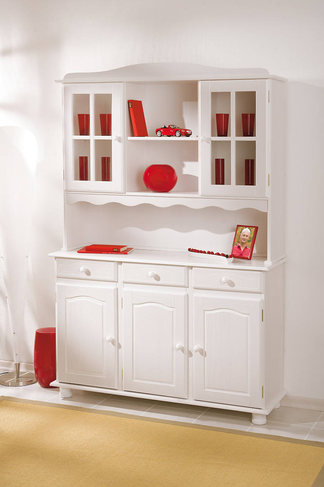 foto del prodotto credenza in con tre ante e cassetti con vetrinetta dkohle, colore bianco, cm 130 x 198 x 32