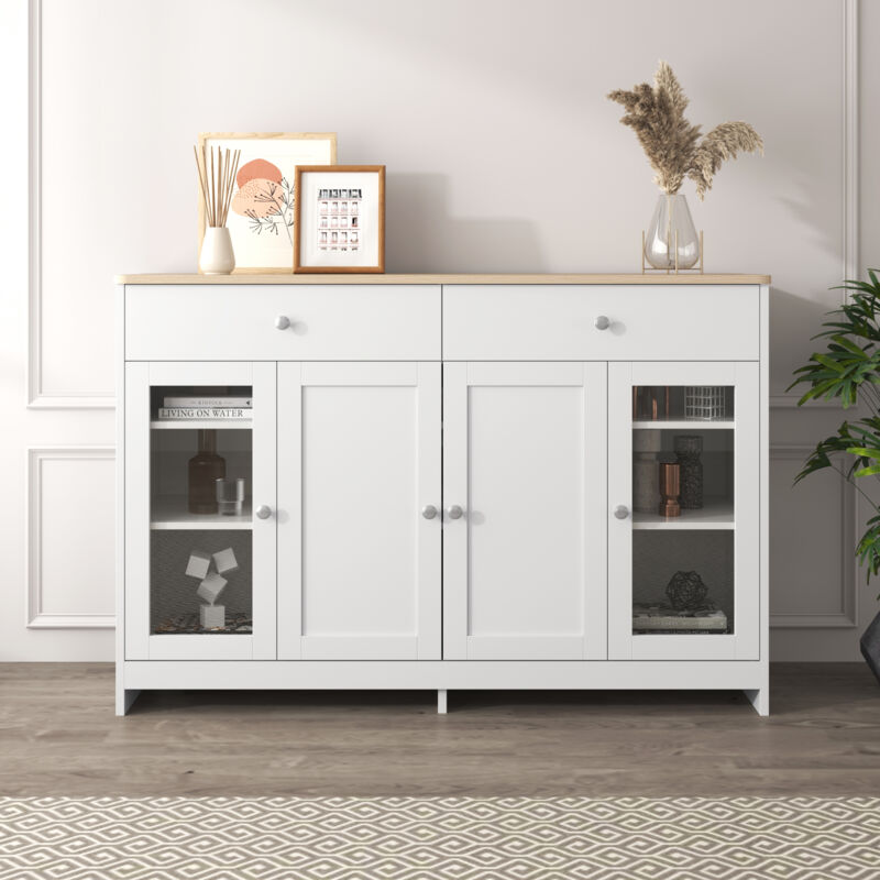 foto del prodotto credenza in legno 120 x 37 x 80 cm, quattro ante, tre cassetti, soggiorno, sala da pranzo, bianco