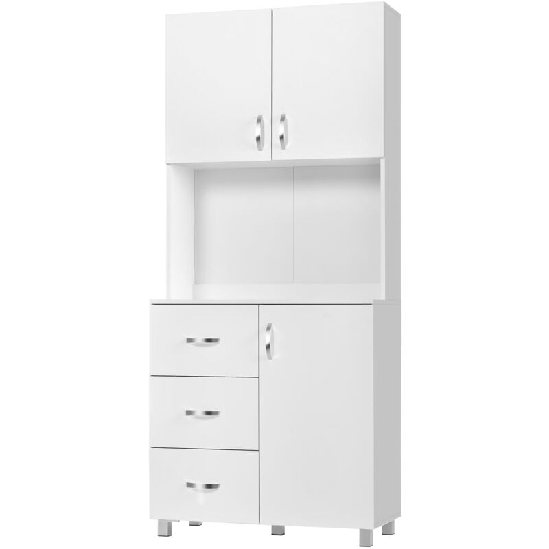 foto del prodotto credenza in legno bianco con 2 armadietti 1 ripiano aperto e 3 cassetti - homcom