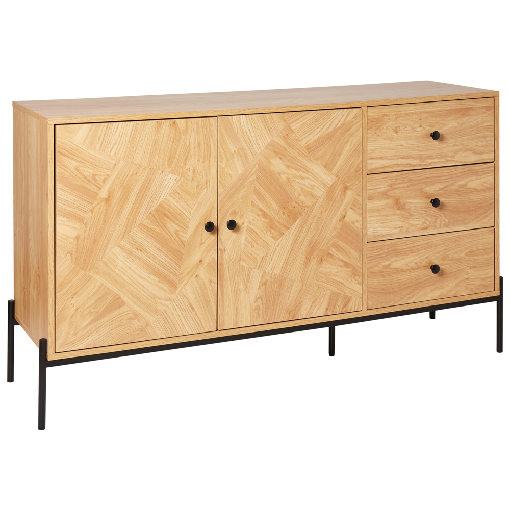 foto del prodotto credenza in legno chiaro con base in metallo nero con cassetti, scomparti e porte, cassettiera, soggiorno retrò